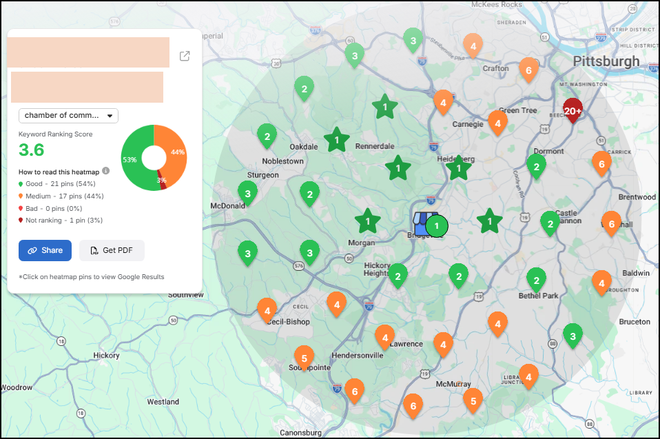 Anonymized Local Falcon GeoGrid ranking scan for a Community & Business Organization client in Greater Pittsburgh