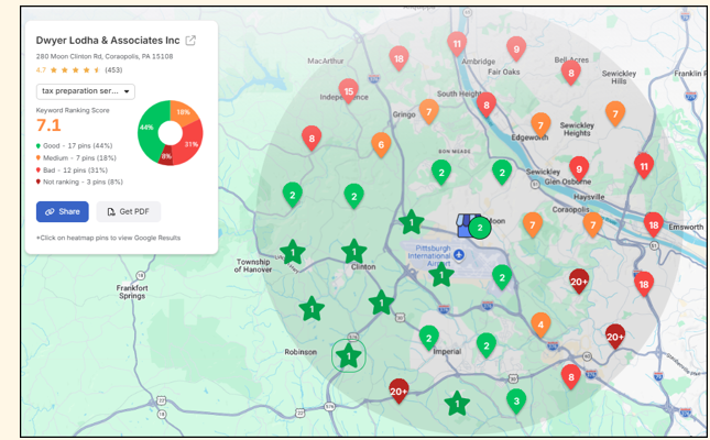 Anonymized Local Falcon GeoGrid ranking scan for a CPA / Tax Advisory client in Greater Pittsburgh