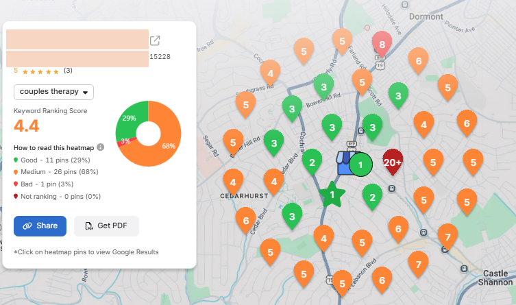 Anonymized Local Falcon GeoGrid ranking scan for a Mental Health & Therapy client in Greater Pittsburgh